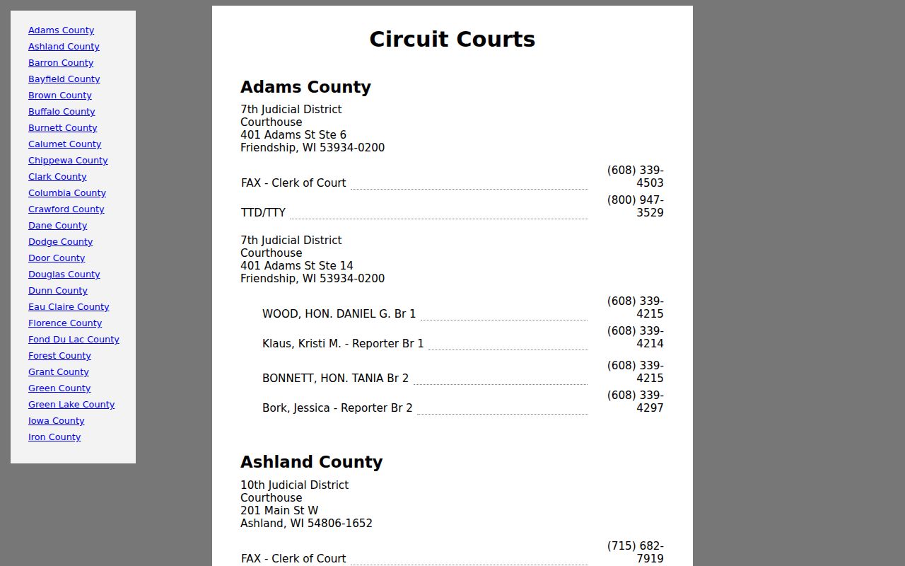 Buffalo County court dates contact listing for the Wisconsin Circuit Court
