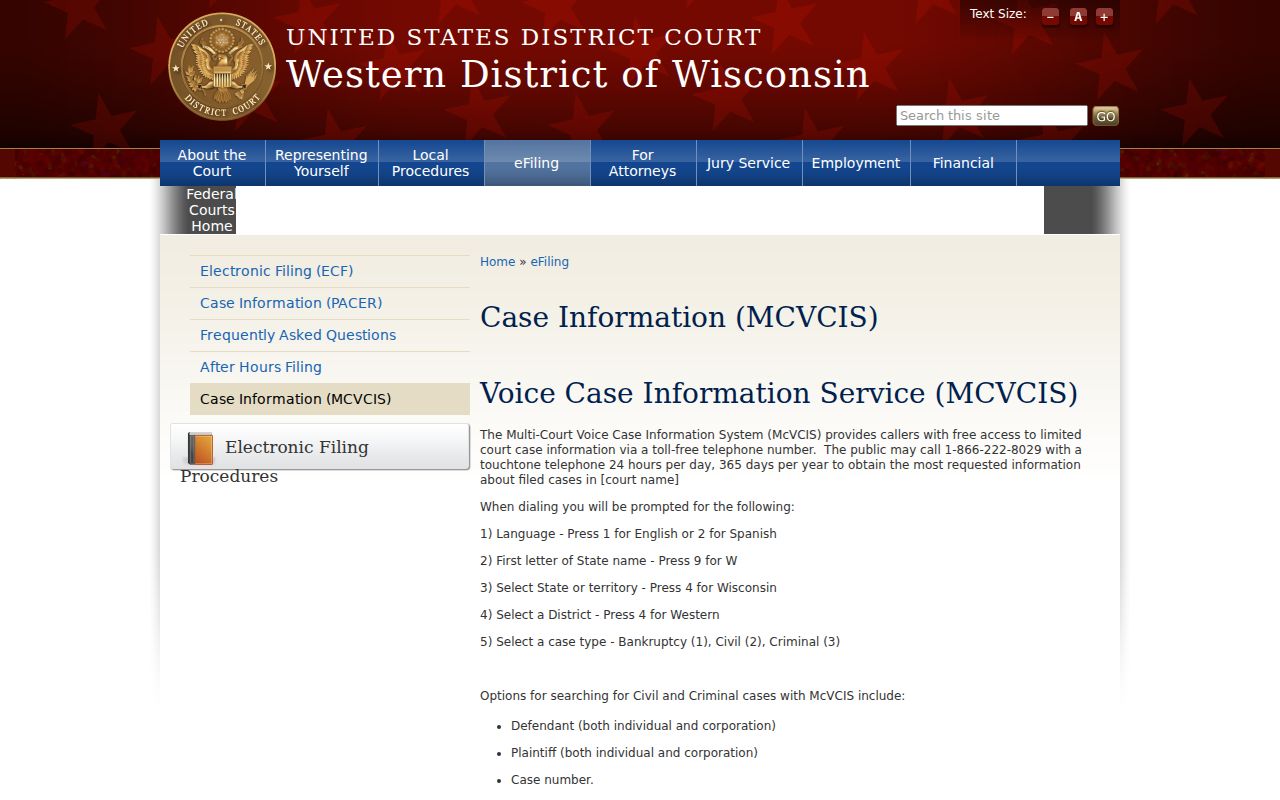 Federal McVCIS telephone case search instructions for Wisconsin