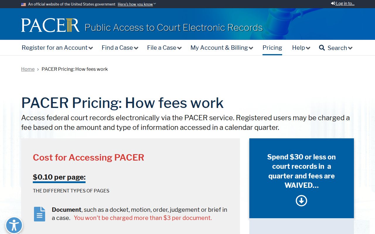 PACER pricing and quarterly fee waiver information for federal docket access